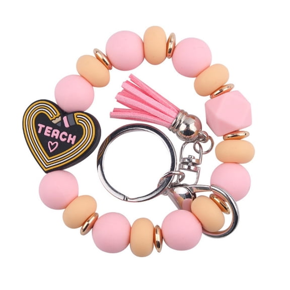 Teacher Wristlet Keychain - Pink Peach Silicone Bead Bracelet with "I TEACH" Heart Charm, Compact Size, Tassel Detail for Bag Decor, Teacher Gift & Daily Accessory