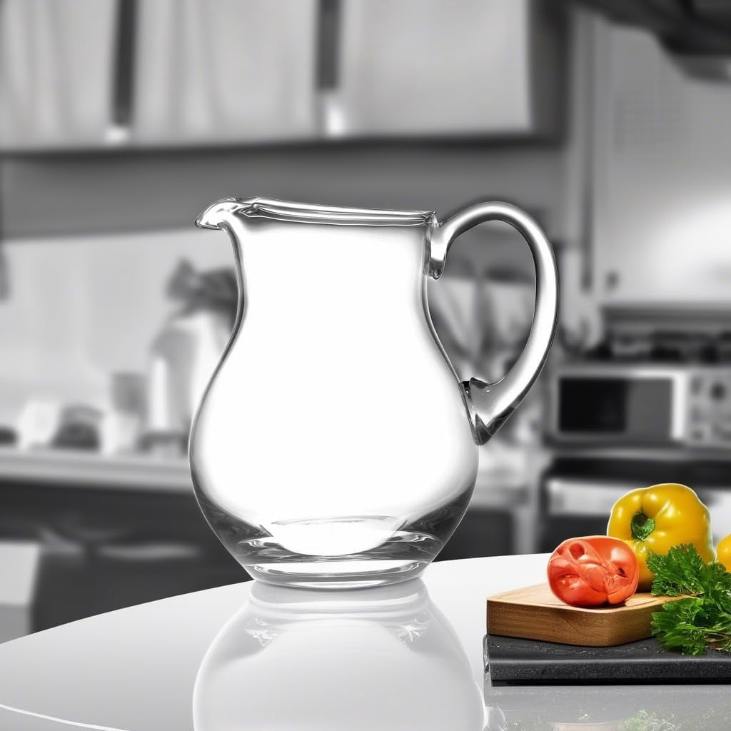 Barski Handmade Glass Water Pitcher with Handle, Round Clear Design with Spout and Ice Lip, 64 oz, Made in Europe