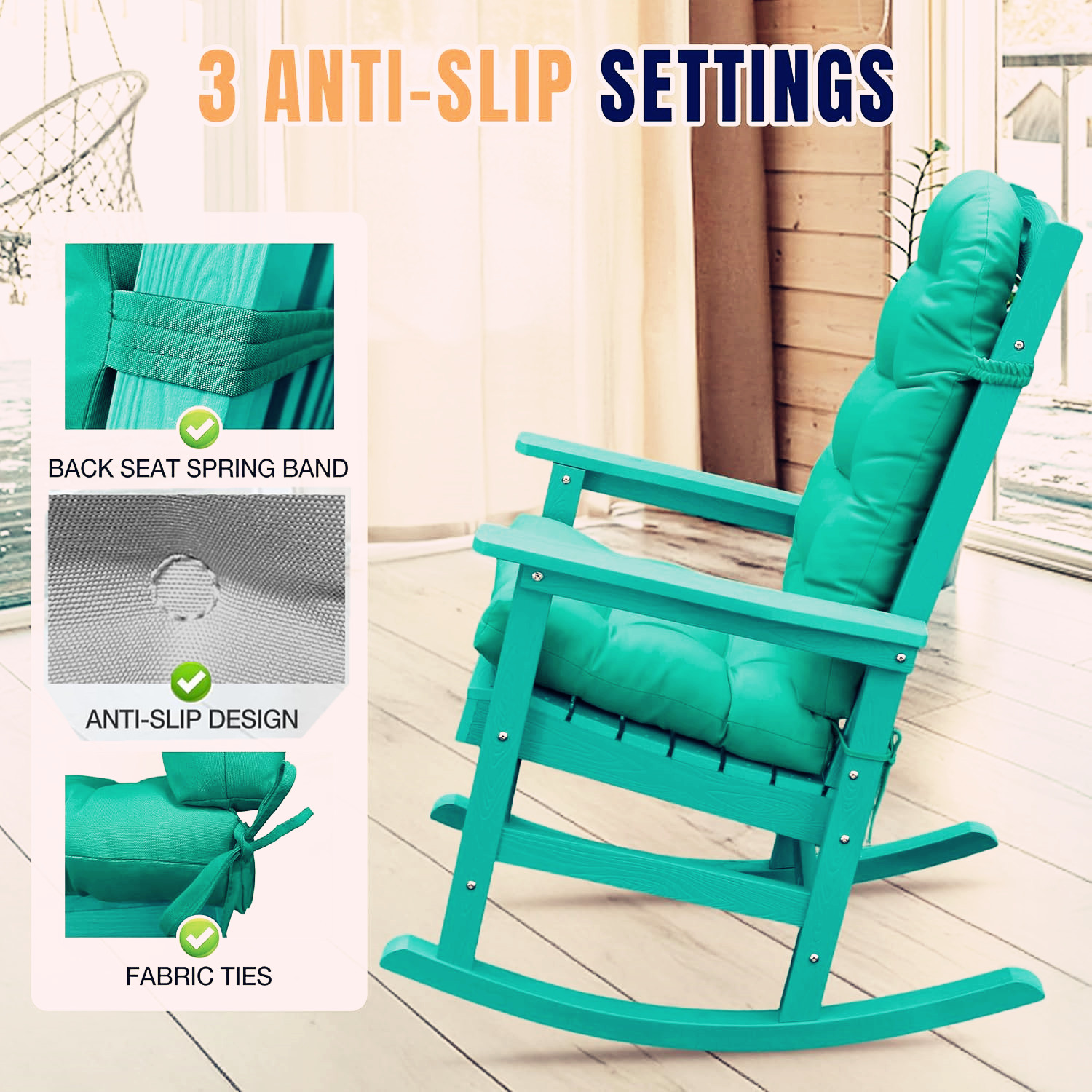 Outdoor Highback Seat Cushion 43.3"*19.7" Waterproof UV Resistant Inlife Rocking Chair Seat Pad for Dining Chairs, Office, Restaurant