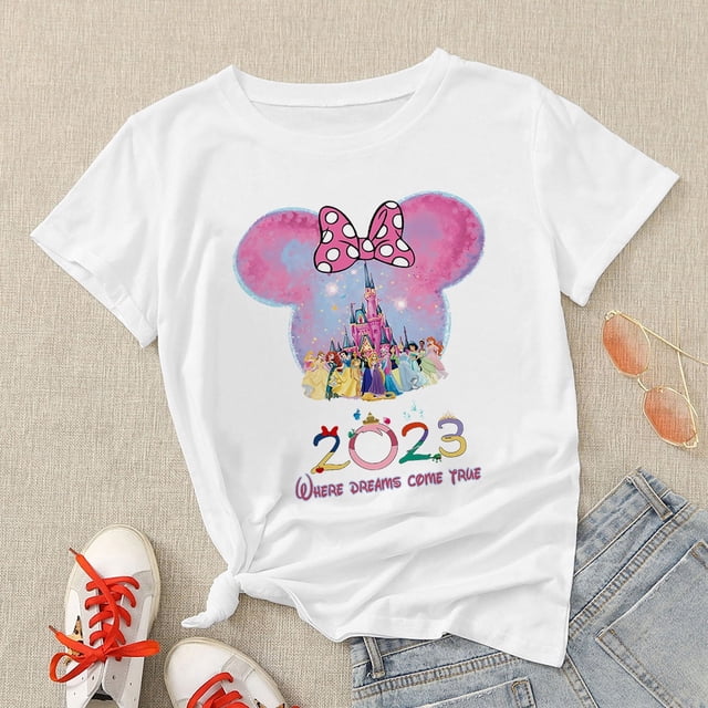 Disney Minnie Mouse Princesses Women's T-shirt 2023 Fashion Sweet Style Cute Girl Clothes Summer Casual Vacation Female T ShirtAldult-XL(1pc) Gao Jinjia LED