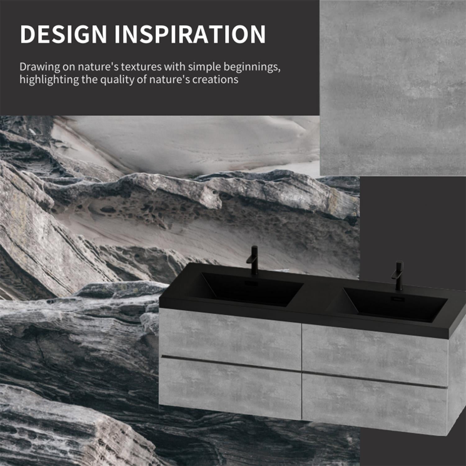 Demi Bonn 59" Floating Bathroom Vanity with Sink, Double Black Quartz Sand Top Basin and 4 Soft Close Drawers, Faucets and Drains Not Included, Gray