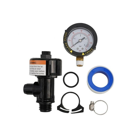 Manual Air Relief Valve Set for Pool Spa Filter with Pressure Gauge, O-Ring, Clip - High Flow, Easy Install, Durable Plastic Construction, Complete Replacement Kit