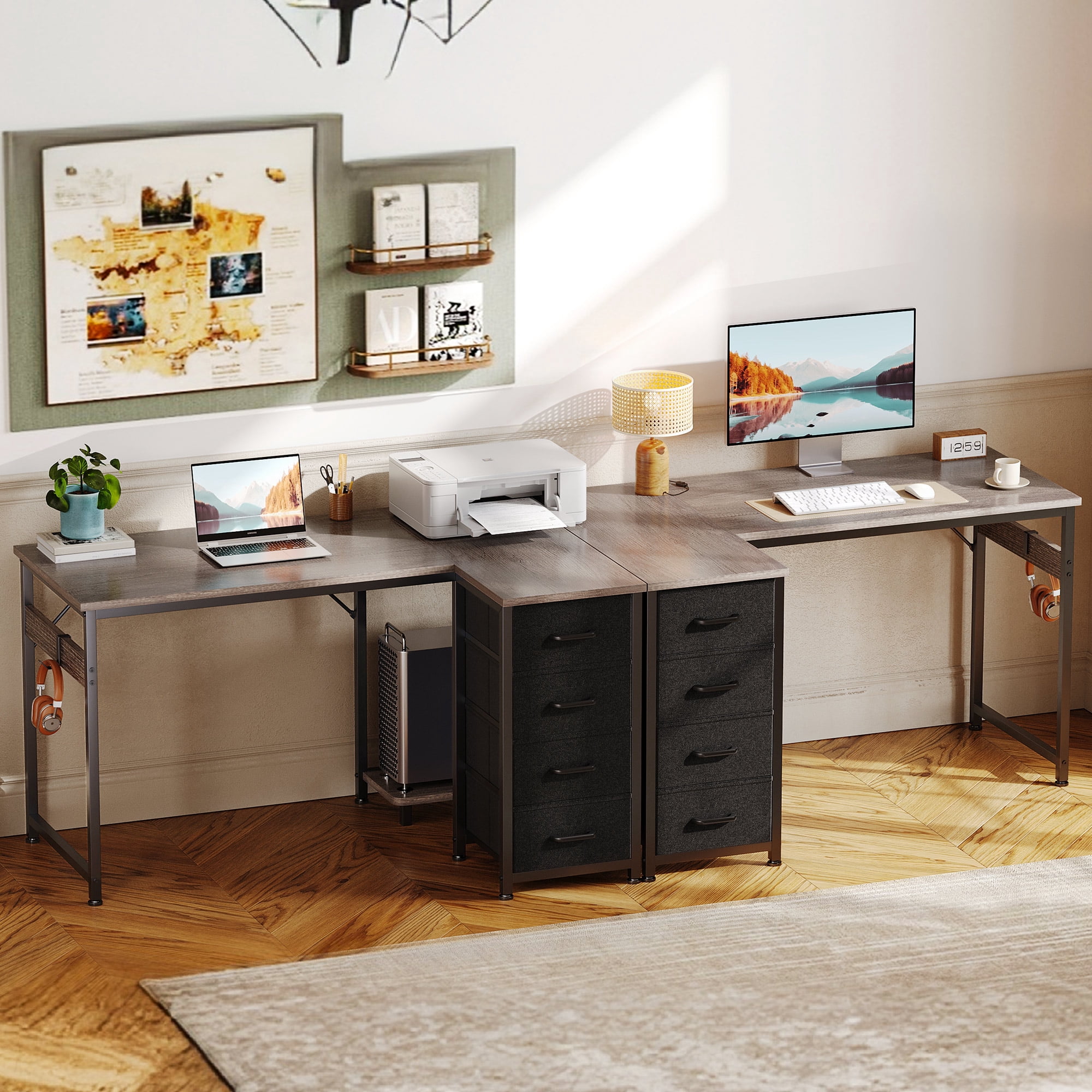 40 inch Computer Desk with 4 Fabric Drawers — Home Office Desks with Storage, Writing Desk with Side Hook, Desk Study/Work Table for Bedroom and Small Space, Oak Grey