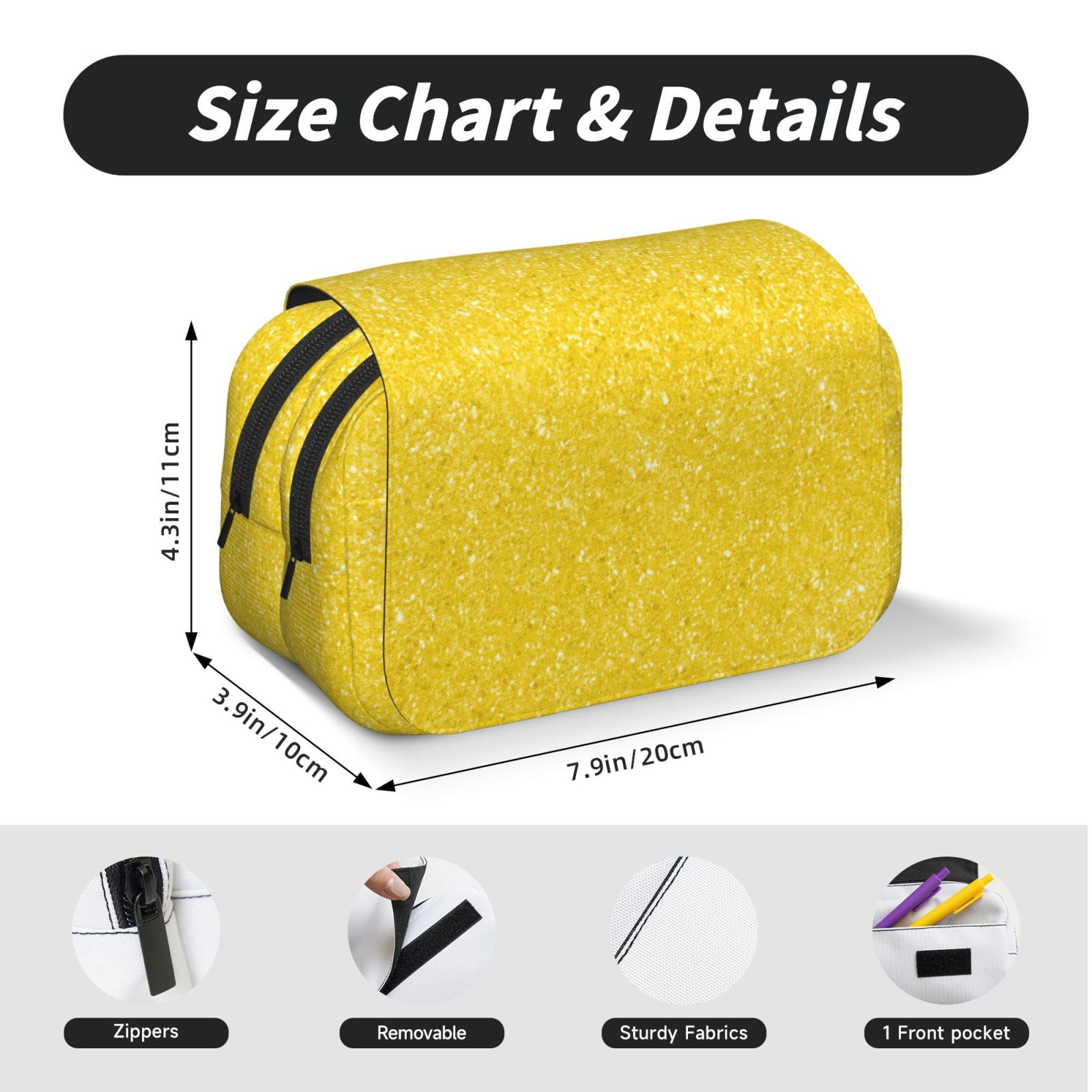 Rateoe Yellow Glitter Pattern Double Clamshell Pen Case, Storage Organizer with Two Zipper Compartments– Holds Up to 50 Pencils & Pens