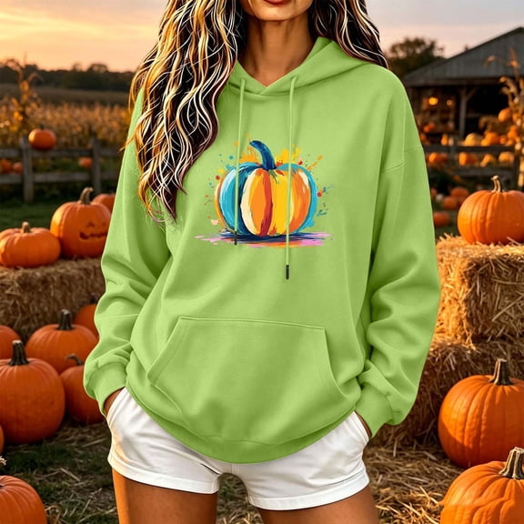 ABSUYY Womens Green Fall Pumpkin Graphic Pullover Hoodie Long Sleeve Casual Sweatshirt with Kangaroo Pocket,Size L