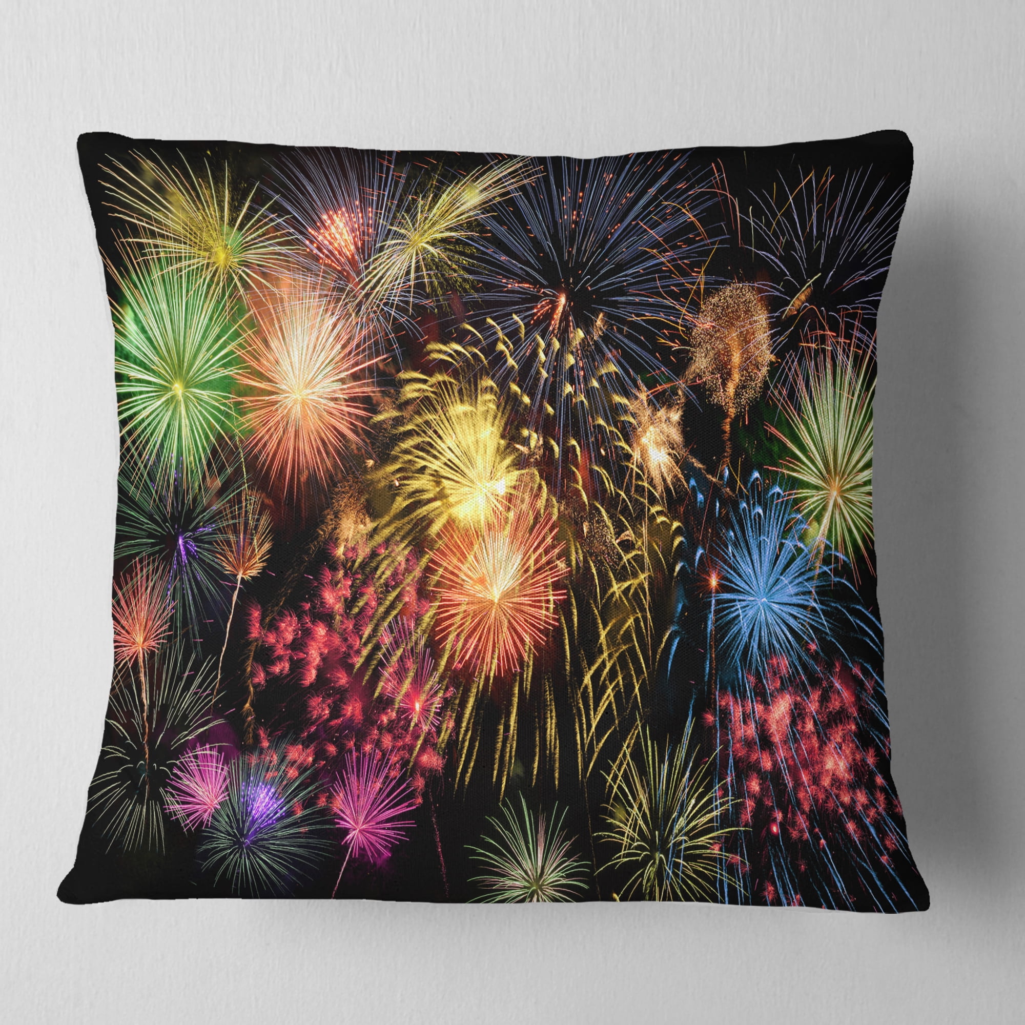 Designart Colorful Fireworks at Night Sky - Skyline Photography Throw Pillow - 18x18