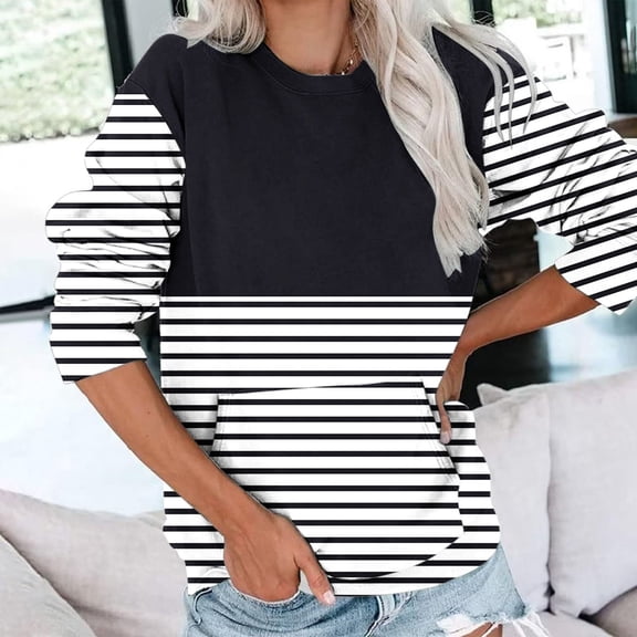 Wancir Women's Casual Long Sleeve Color Block Tops Crewneck Sweatshirts Cute Loose Fit Pullover