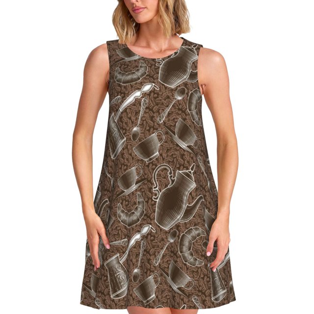 Fotbe Coffee pots Vestido de Verano sin Mangas para Mujer – Vestido Midi Línea A, Estilo Camiseta Floral, Vestido Playero Casual y Fluido