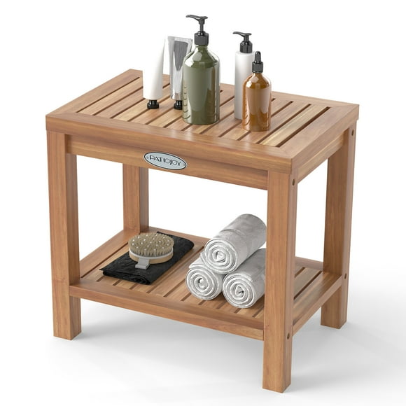 Gymax 19 Inch Teak Wood Shower Bench Inside Shower Stool w/ Storage Shelf for Adults