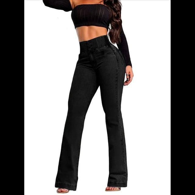 Pantalones Vaqueros de Cintura Alta para Mujer, Elásticos, de Corte Acampanado y con Cinturilla Elástica. Negro L