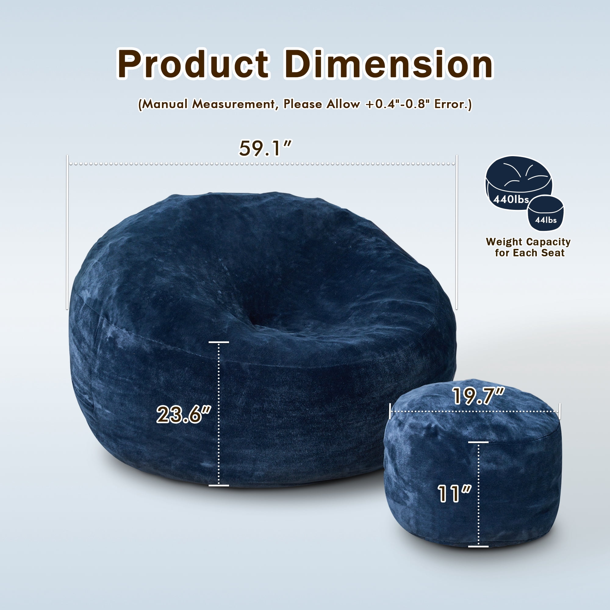 Vcatnet 59" Oversized Bean Bag Chair for Adults with Ottoman Giant Bean Bag Sofa Couch with Memory Foam Upholstered Lazy Floor Sofa for Living Room Bedroom, Dark Blue
