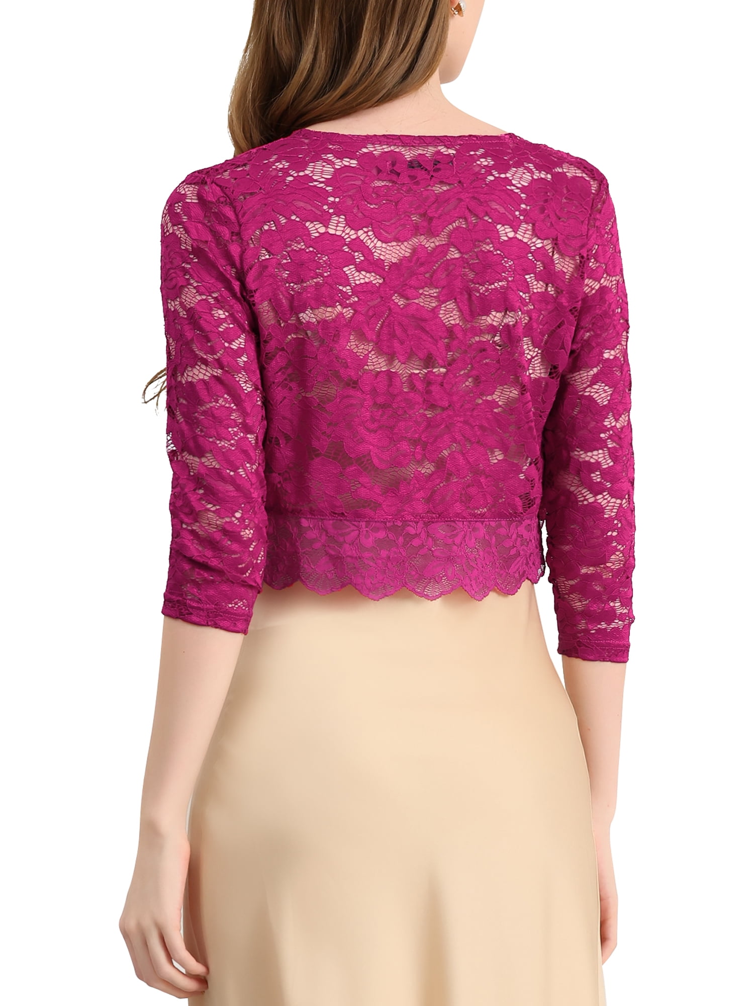 DARING DIVA 3/4 Sleeve Sheer Floral Lace Shrug Top M Mulberry