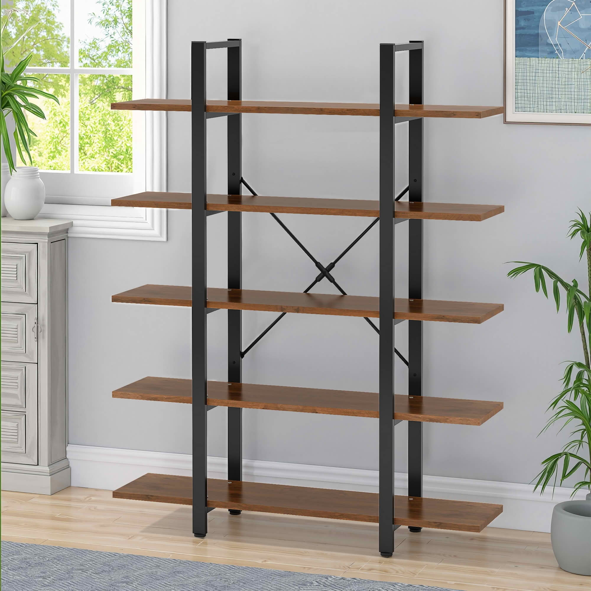 MAYEERTY 72"H 5-Tier Open Etagere Bookshelf, 47 Inch Wide Brown Storage Display Rack, Metal Frame E1 Engineered Wood Bookcase with Adjustable Foot Pads for Living Room Office