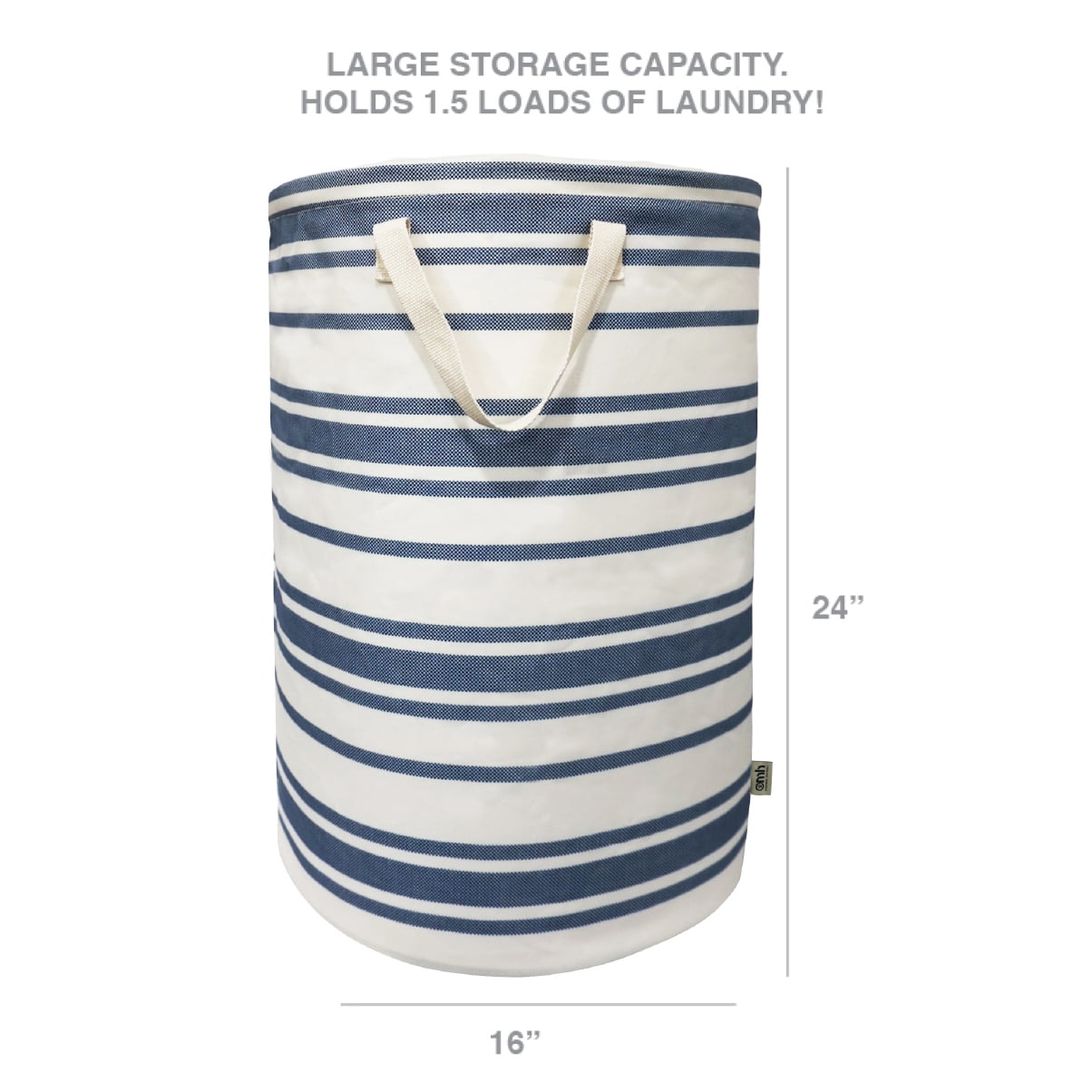 omh ORGANIZE MY HOME – 24 Inches Large Freestanding Round Laundry Hamper with Drawstring Closure, Collapsible Clothes Storage Hamper- Blue Stripes