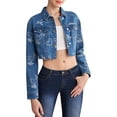 thumbnail image 3 of Women'S Cropped Butterfly Printed Denim Jacket Button Down Long Sleeve Fitted Crop Top Jean Coat Blue S, 3 of 9