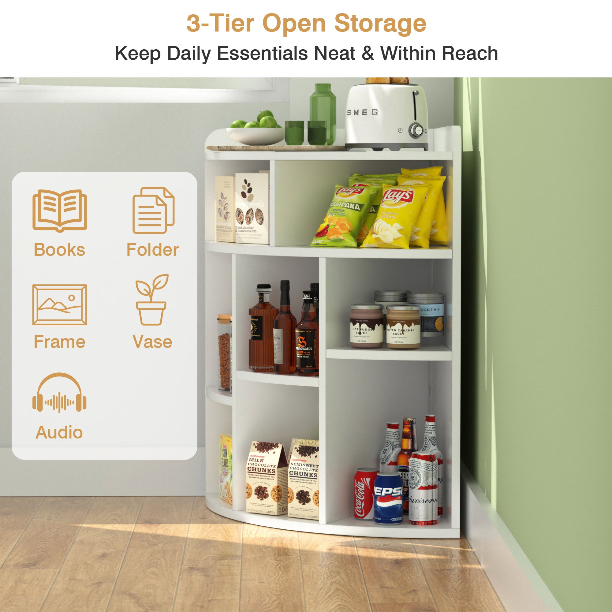 VECELO Corner Cabinet Storage with USB Ports and Outlets, Wooden Cubby Bookshelf for Small Space, Adjustable Shelves Corner Cube Toy Storage for Playroom, Bedroom, Living Room, White