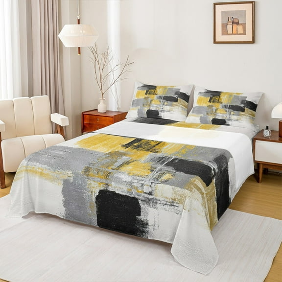 Manfei Gold Artwork Twin Sheet Sets for Adult, Square Abstract Twin Fitted Sheet, Vintage Oil Printing Flat Sheet, Luxury Bedroom Decor, 3-Piece
