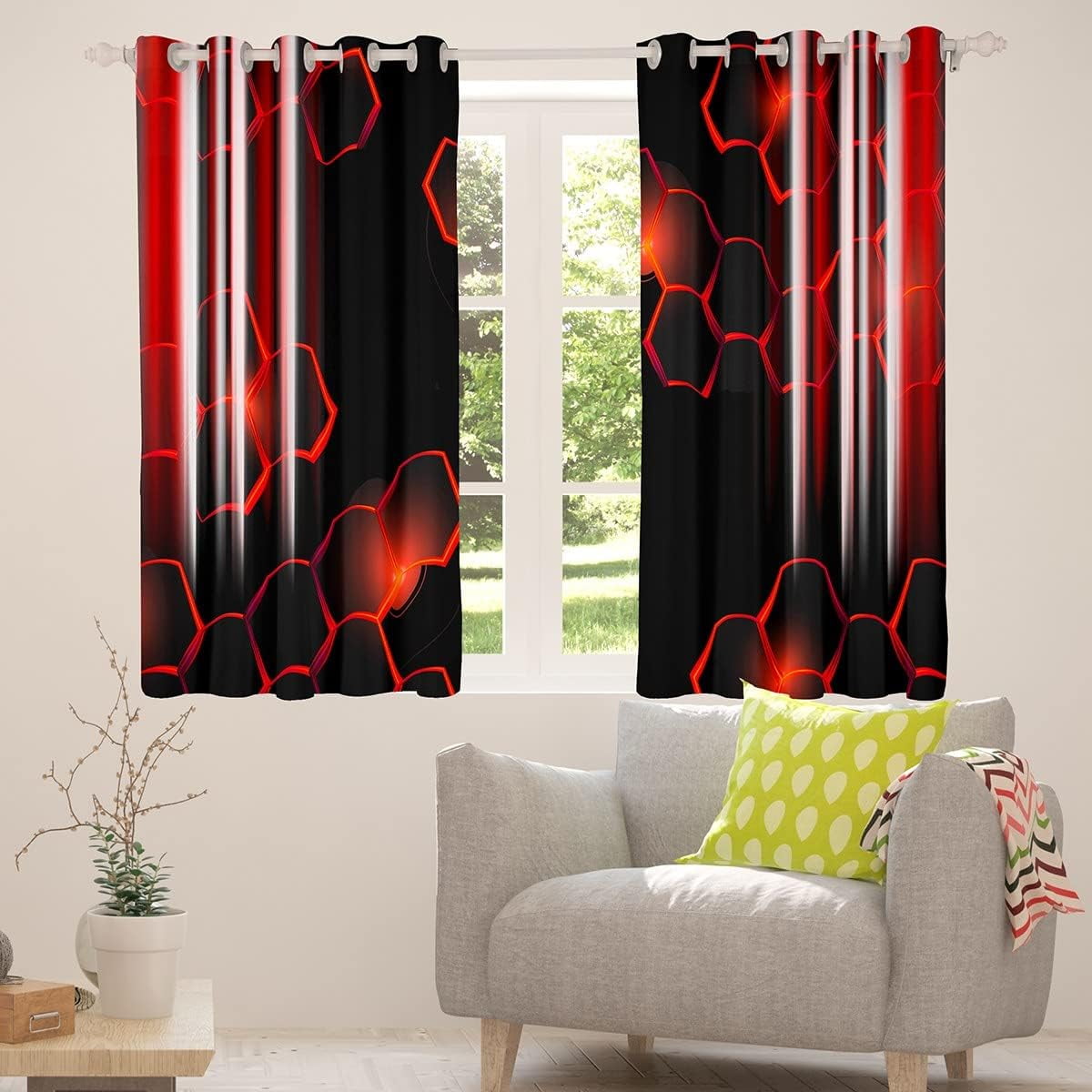 Honeycomb Curtains (2 Panels, 42 x 84 Inch) Modern Hexagon Theme Red Curtains Room Strip Lines Darkening Dreapes Modern Gradient Black Red Window Treatments 30%-50% Blackout