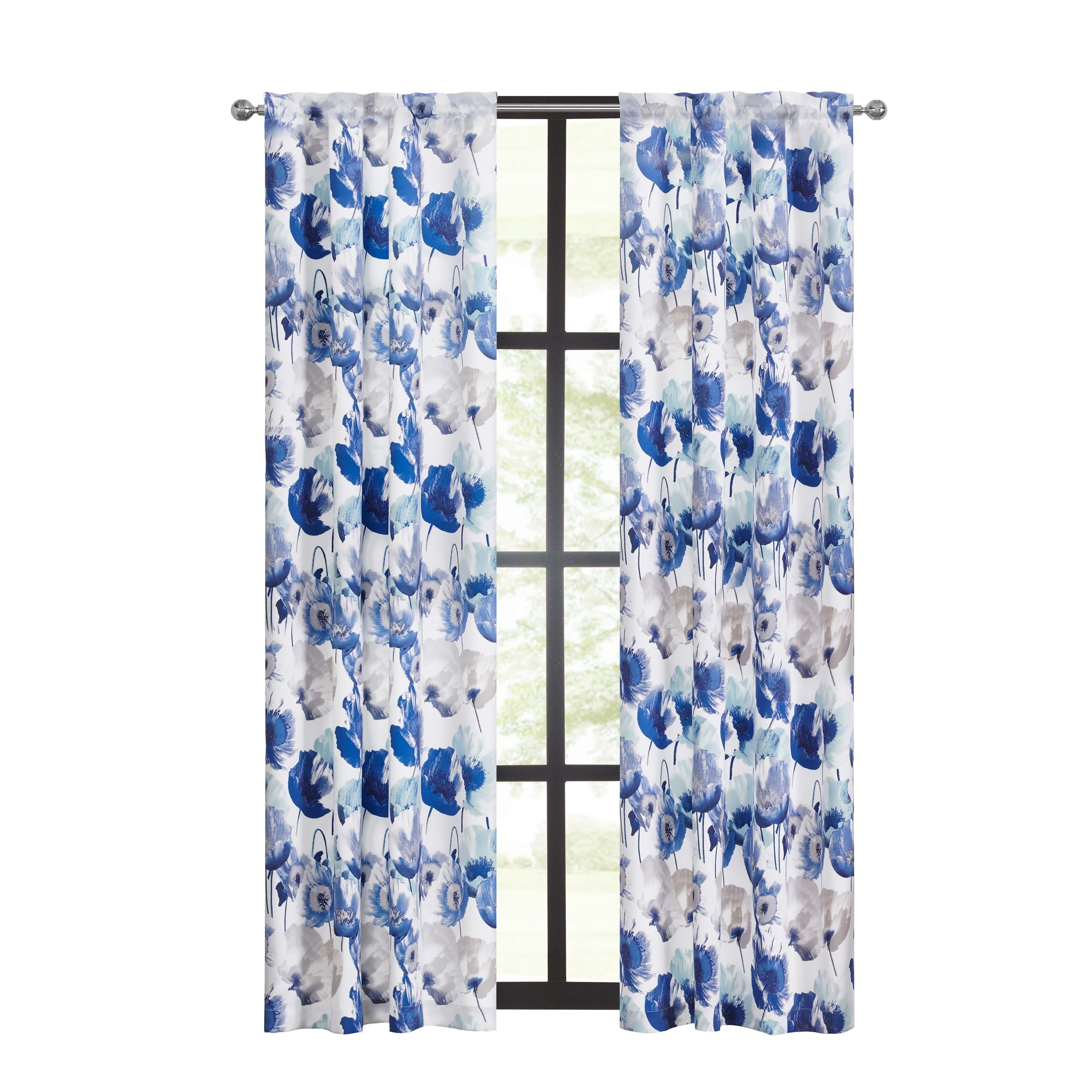 Achim Poppy Field Floral Rod Pocket Room Darkening Curtain Panel, Blue, 50" x 84"