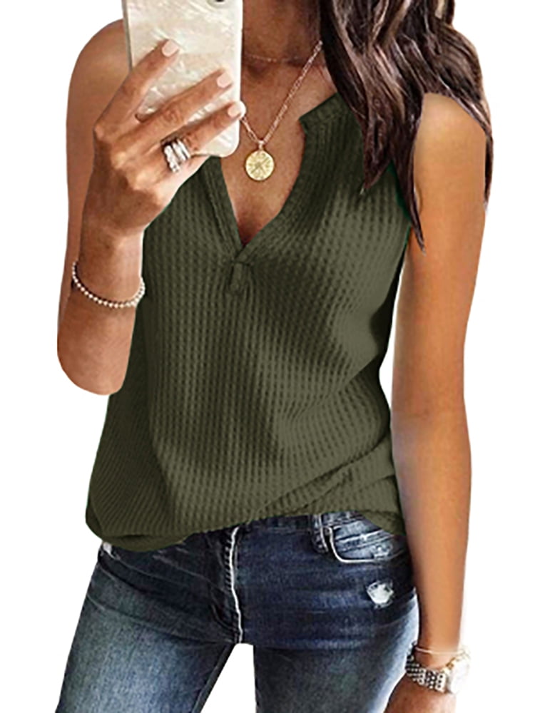 Womens Tank Tops V Neck Waffle Knit Casual Sleeveless Loose Tee Shirts -  Walmart.com