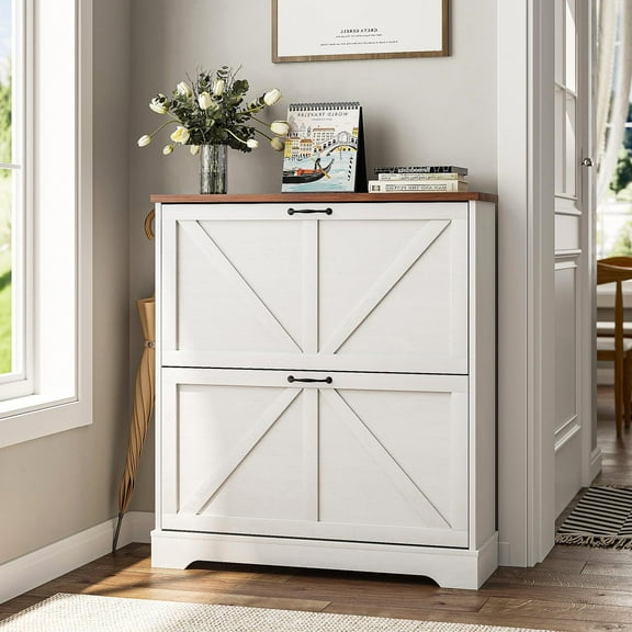 Shoe Storage Cabinet with 2 Flip Drawers, Narrow Entryway Organizer, Farmhouse Style with Wooden Feet, Slim Shoe Rack, White