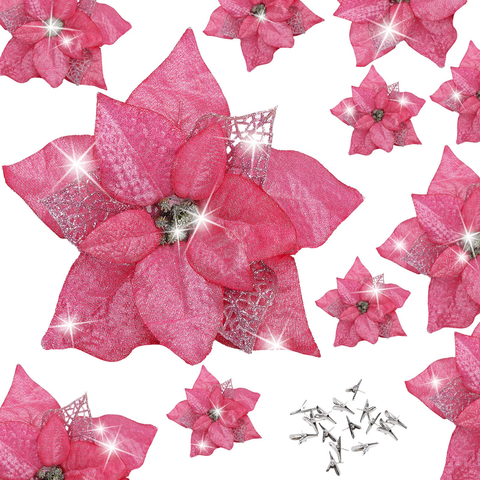 Litake 15 Pcs Christmas Glitter Poinsettia with Clips Christmas
