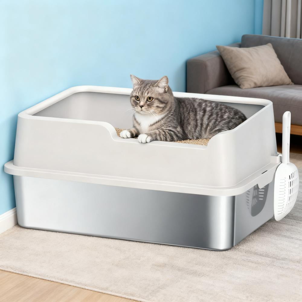 Stainless Steel High Sided Cat Litter Box for Large Cats, Odor Resistant Easy Clean Metal Litter Pan with Raised Edges