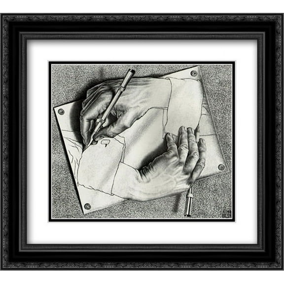 Drawing Hands 2x Matted 18x15 Black Ornate Framed Art Print by M.C. Escher