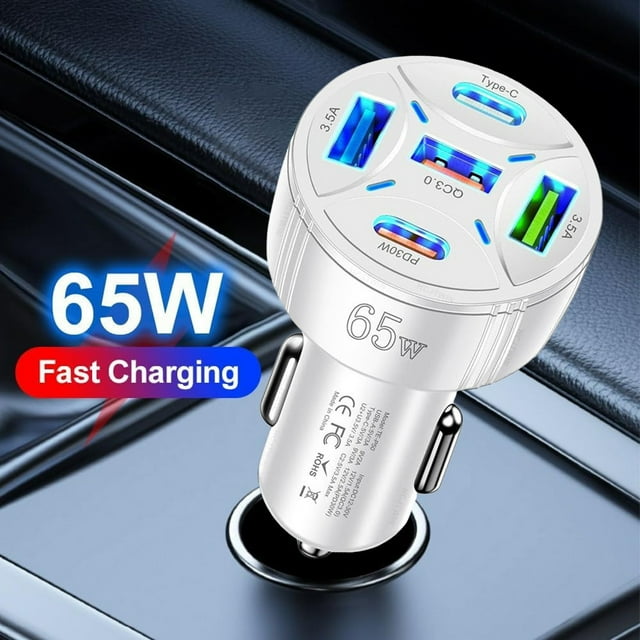 High Power 65W Car Charger with Quint Port Fast Charging Hub for Multiple Devices and Smartphones USB Car Adapter for Efficient Power Supply
