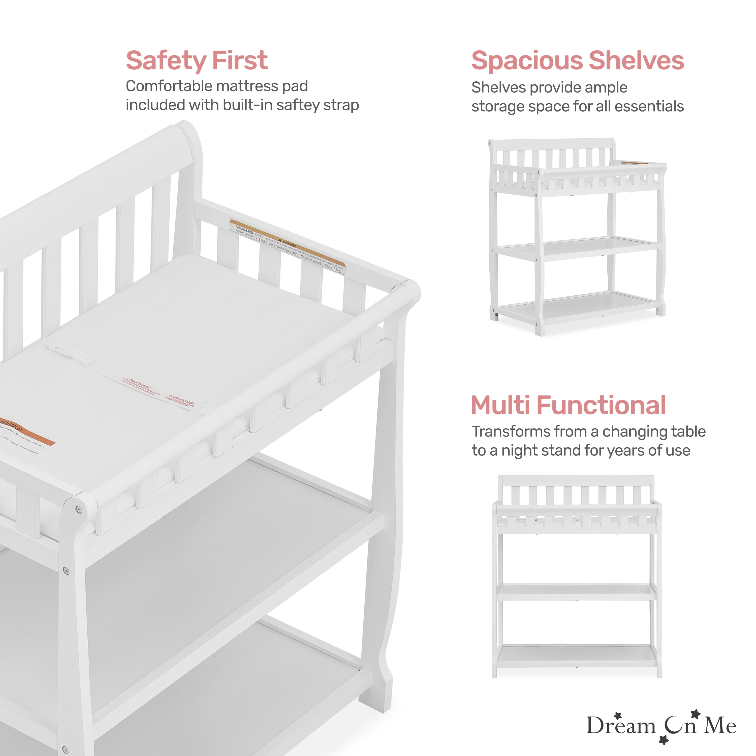 Dream On Me Ashton Changing Table, New Zealand Pinewood, 1 inch Mattress Pad included, White
