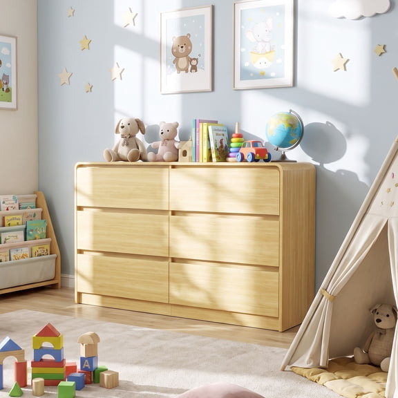 Resenkos Wide Handle Free Dresser with Six Recessed Drawers, Home Storage Cabinet for Bedroom, Entryway and Baby Nursery, Natural Wood