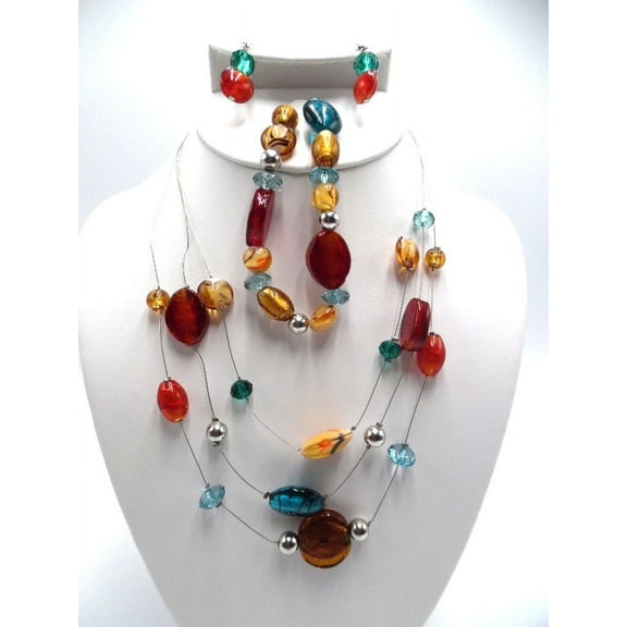 3pc clip on multi colored beaded necklace, earrings and stretch bracelet set