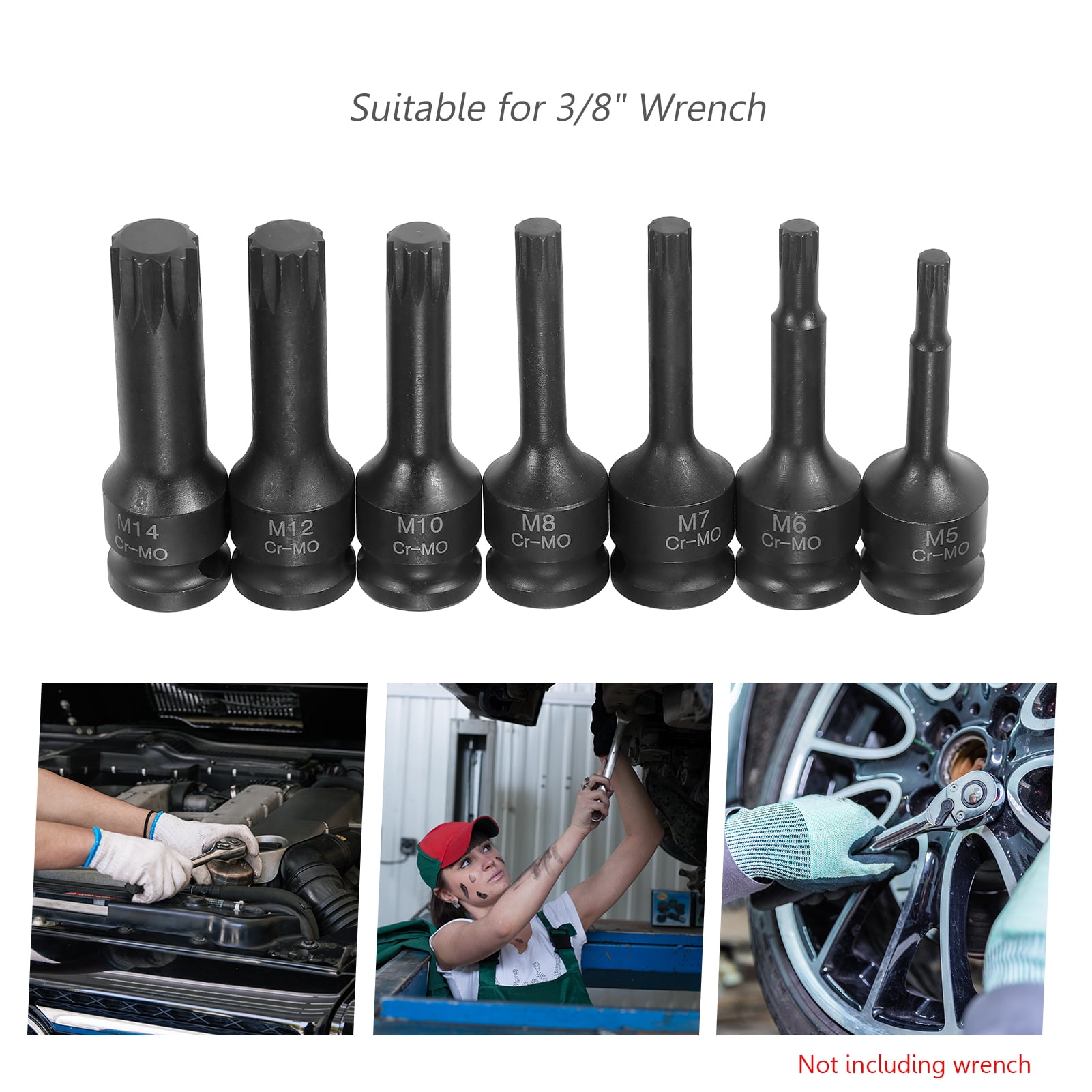 3/8-inch Drive Impact Socket Set 7 Piece Metric Sizes 5mm 6mm 7mm 8mm 10mm 12mm 14mm XZN Triple Square Spline Bit Cr-Mo Steel Socket Set