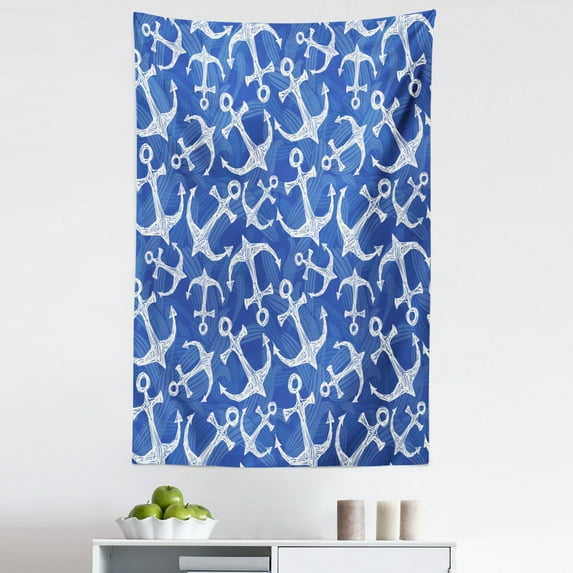 Ocean Tapestry, Sea Anchor with Weird Modern Lines Marine Life Equipments Sailing Hope Image, Fabric Wall Hanging Decor for Bedroom Living Room Dorm, 5 Sizes, Azure Blue White, by Ambesonne