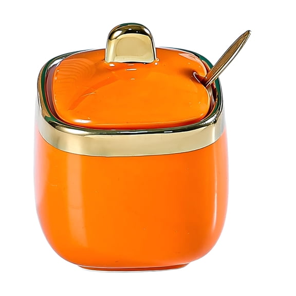 ACDANC Ceramic Sugar Bowl Container with Lid and Spoon Spice Seasoning Box Ceramic Condiment Pot Condiment Jar for Counter Orange