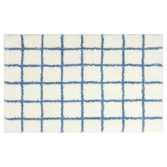 Unique Bargains Checkered Non Slip Bath Mats Soft Fluffy Absorbent Bathroom Rugs Blue 16" x 24"