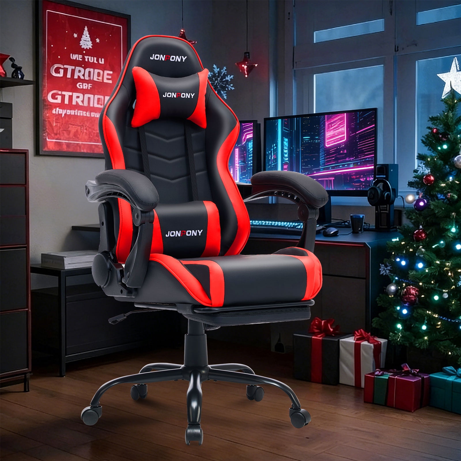 JONPONY Big and Tall 500LBS Gaming Chair, Ergonomic High Back Gamer Chair with Footrest Lumbar Support, PU Leather Office Computer Chair for Long Sitting, Red