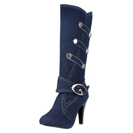 DVKOVI Cowgirl Boots Women s Knee-High Boots Oversized Women s Shoes Autumn and Winter New Denim Fabric Thick High Heels Belt Buckle High Boots Long Boots Blue 39