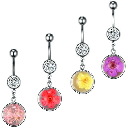 Initial Dangle Belly Ring BodyJ4You 4PC Belly Button Rings Dried Flowers Dangle Steel Bar 14G Women Navel Body Piercing ()