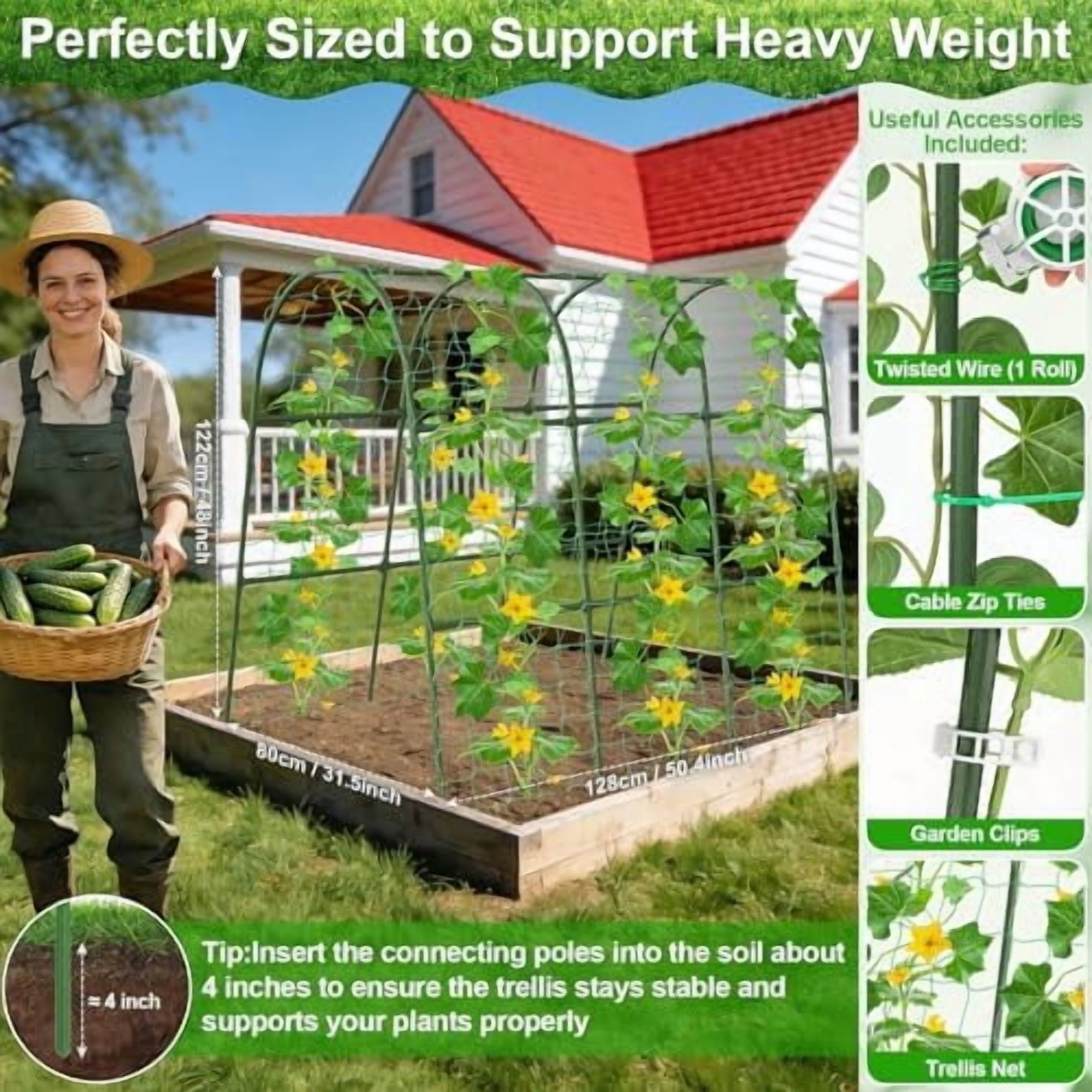 Cucumber Trellis for Raised Bed Garden, U-Shape Arch Trellis for Climbing Plants Outdoor, Metal Vegetables Trellis with Netting, Garden Trellis for Cucumber Plants Sweet Pea Bean Grape