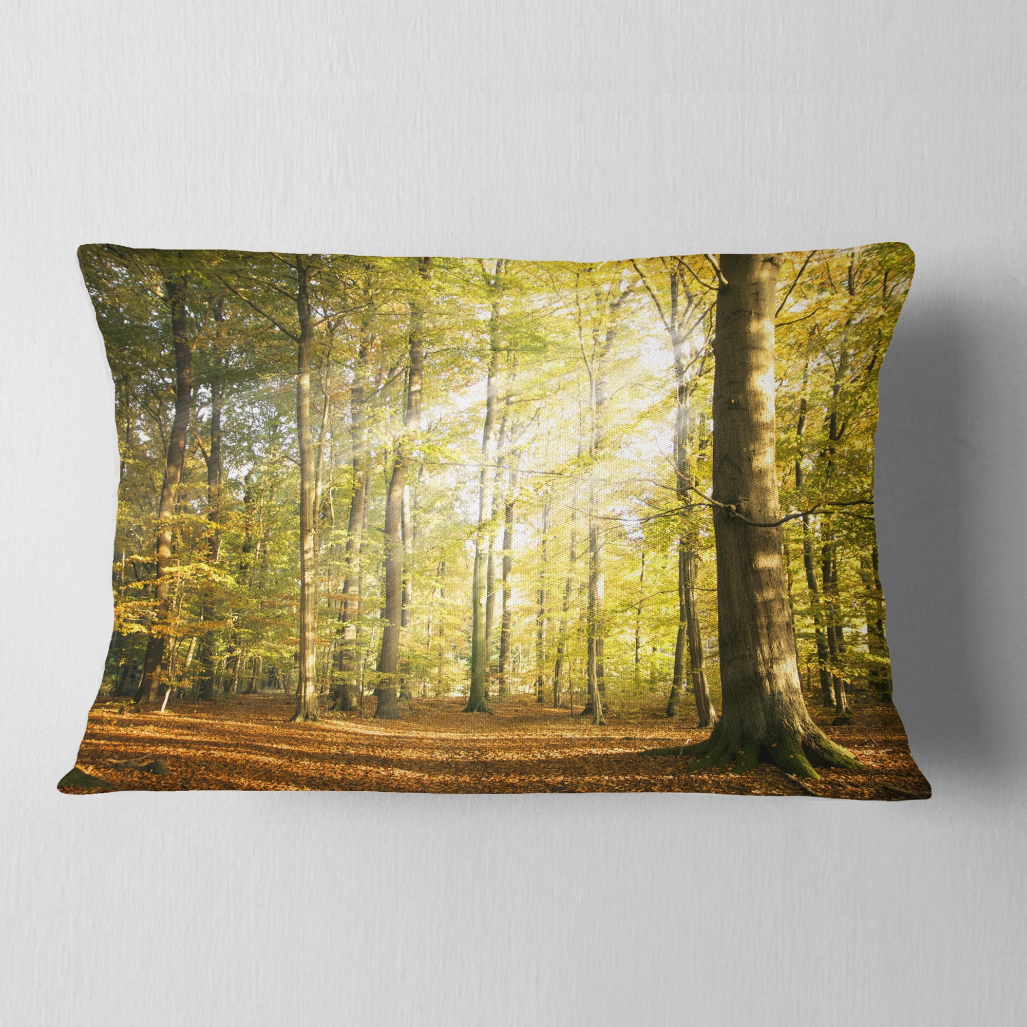 Designart Sun Rays Hitting Forest - Landscape Photography Throw Pillow - 12x20