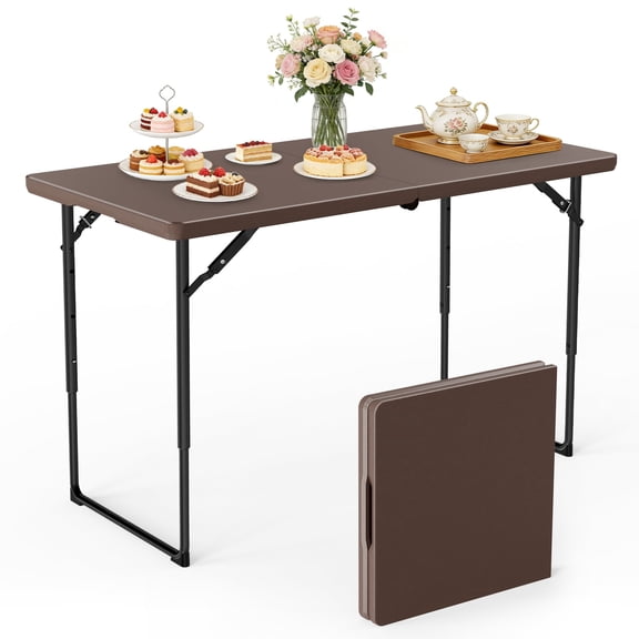 WASUHE 4 Foot Folding Table, Lightweight Adjustable Height Camping Table with Non-Slip Legs, Indoor/Outdoor Essential, Grill, Events, Party, Bronw