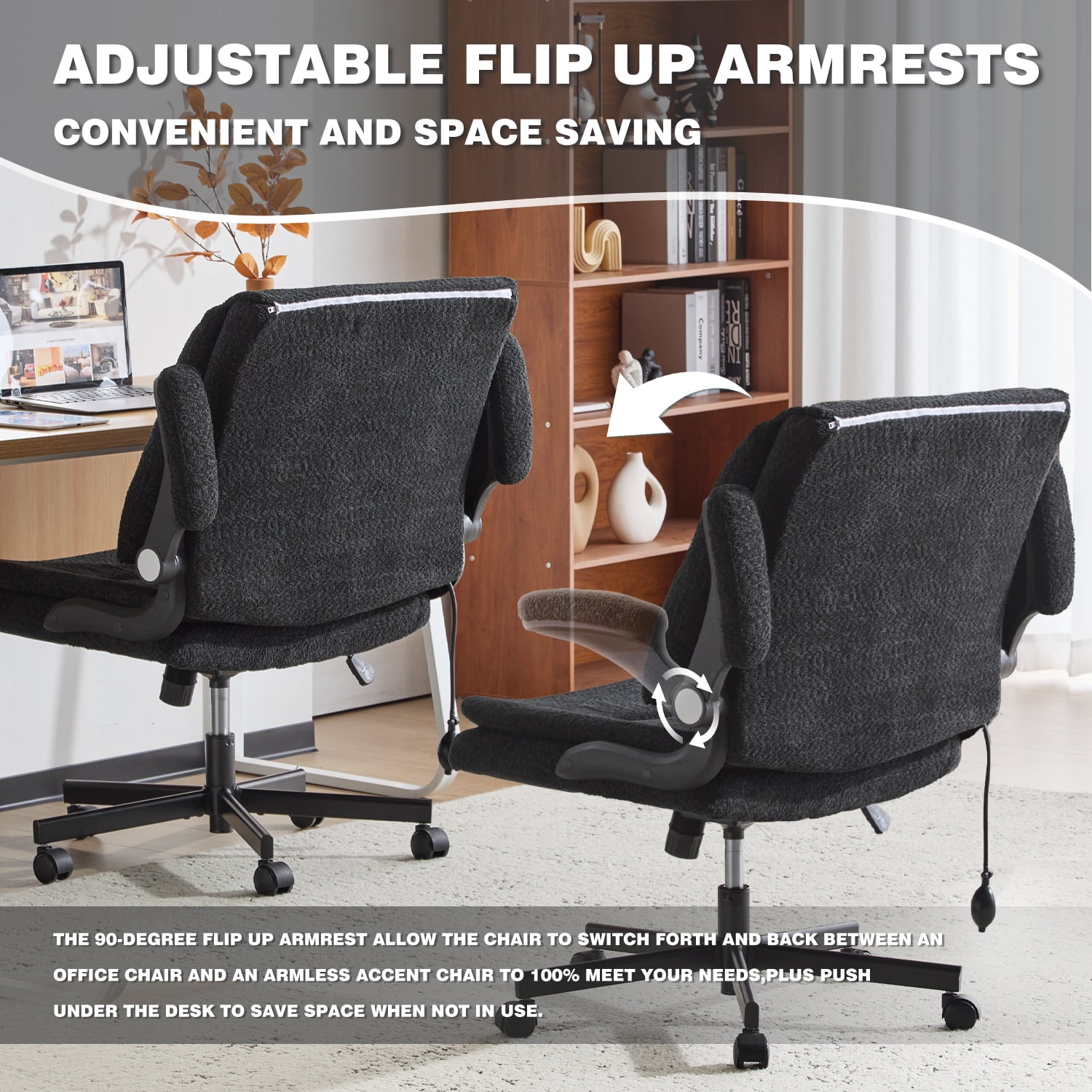 Wide Criss Cross Chair with Flip Up Back Cushion and Arms, Ergonomic Cross Legged Office Chair with Dynamic Lumbar Support, Upholstered Swivel Rolling Vanity Chair for Customized Comfort