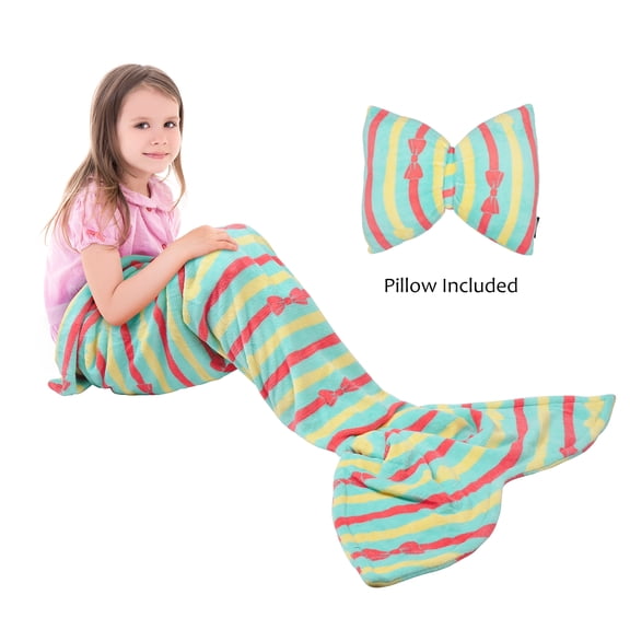 Catalonia Mermaid Tail Bed Blanket & Pillow Bowknot Cushion, Plush Soft Coral Fleece Children Kids Snuggie Throw for Bed 60” x 21”