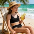 thumbnail image 5 of Huowey Children Girls Bikini Swimsuits 2 Piece Bikini Sets Cross Strap Ruched Floral Print Hollow Out Tops Solid Color High Waist Bottomd Sport Soft Swimwear Sets,Black,15-16 Years, 5 of 6