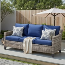 Planntonneo Wicker Outdoor 3 Seater Sofa, Patio Deep Seat Rattan Couch with Blue Cushions