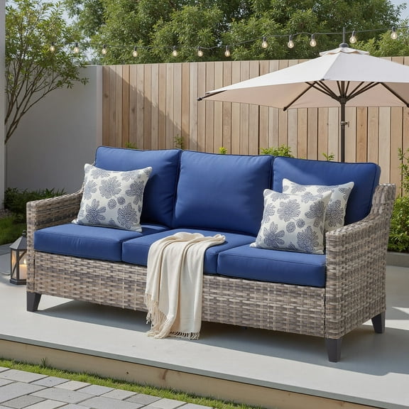 Planntonneo Wicker Outdoor 3 Seater Sofa, Patio Deep Seat Rattan Couch with Blue Cushions