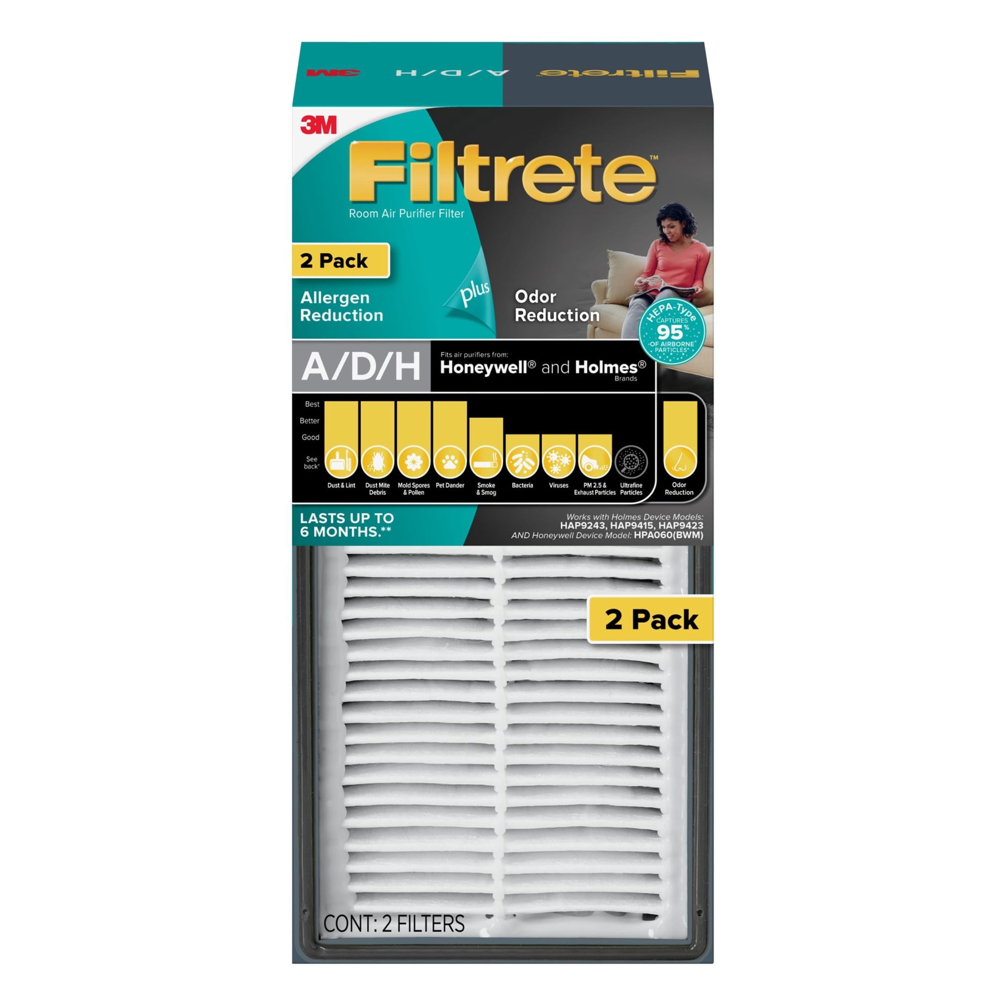Filtrete by 3M Allergen Reduction + Odor Reduction Air Purifier Filter, Replaces Sizse A/D/H Filters, 2 Pack