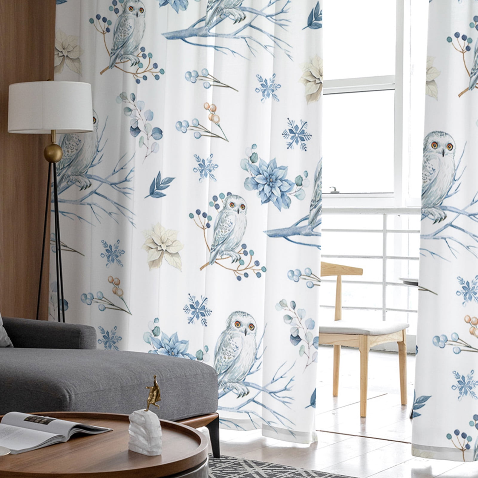 Sheer Curtains 63 inches Long, Winter Snowflake Animal Owls Eucalyptus Leaves Light Filtering Sheer Window Curtains Rod Pocket Voile Drapes for Bedroom Living Room, 52"W x 63"L 2 Panels