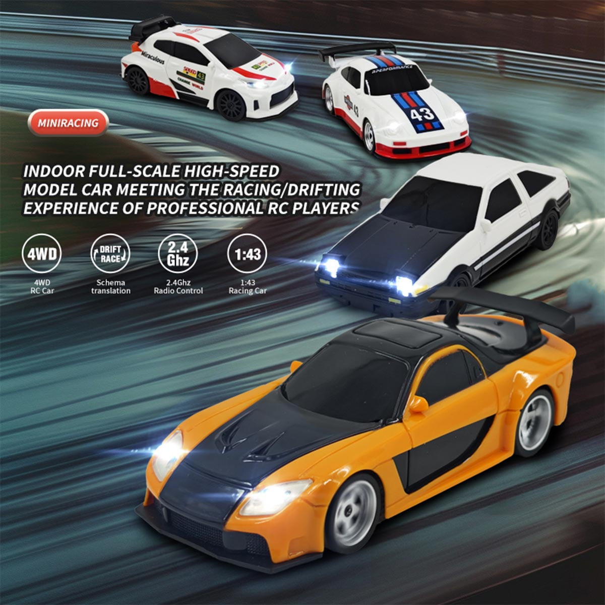 1/43  Mini Electric RC Drift Racing Car Model, 2.4G 15 KM/H Full-Proportional Sport Car with LED Lights (RTR Version)